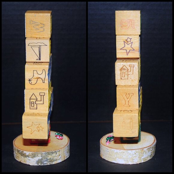 VTG Wooden Alphabet Blocks Blue & Yellow Holiday Tree Shelf Sitter 16 Blocks - Picture 3 of 3